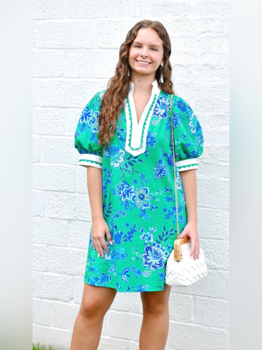 GREEN & BLUE FLORAL SCALLOP DETAILING SHIFT DRESS